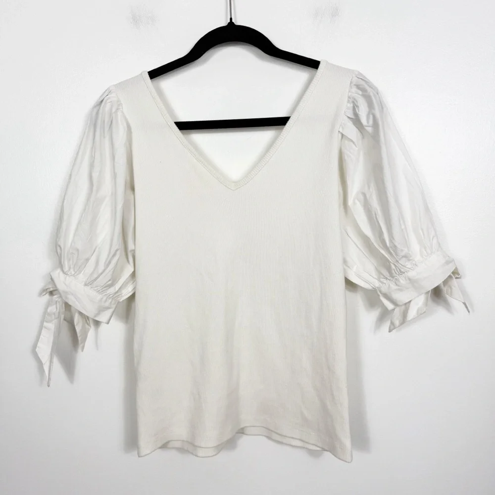 Maeve by Anthropologie White Cotton Puff-Sleeved Top Size Small